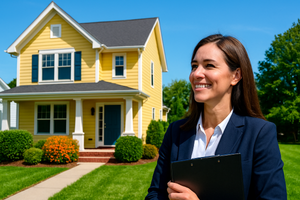 Smiling real estate agent evaluating a newly expired listing from the sidewalk in front of a bright, well-maintained home, using curb appeal insights to plan a fresh marketing strategy.