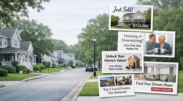 Real Estate Postcard Ideas — Clean, Neutral Hero Image Featuring Modern Neighborhood and Marketing Concepts Clean, neutral neighborhood street with modern homes and five real estate postcards overlaid — Just Sold, Downsizing, Home Value, Local Events, and Open House.