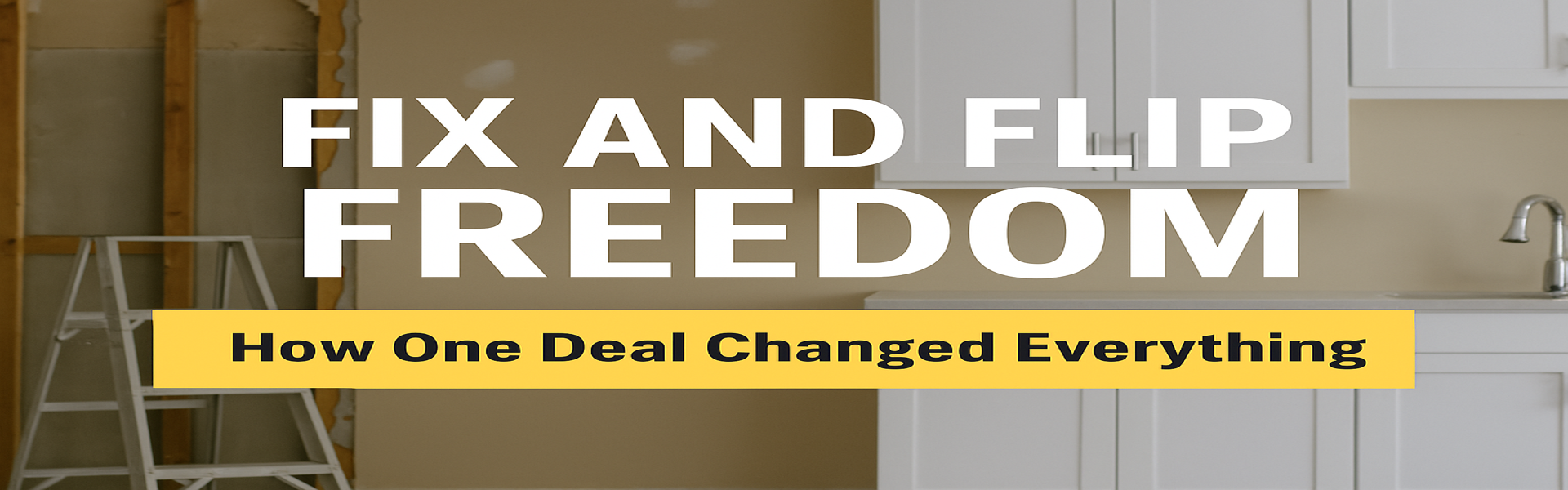 Fix and flip marketing graphic with renovated kitchen and construction elements fix and flip banner