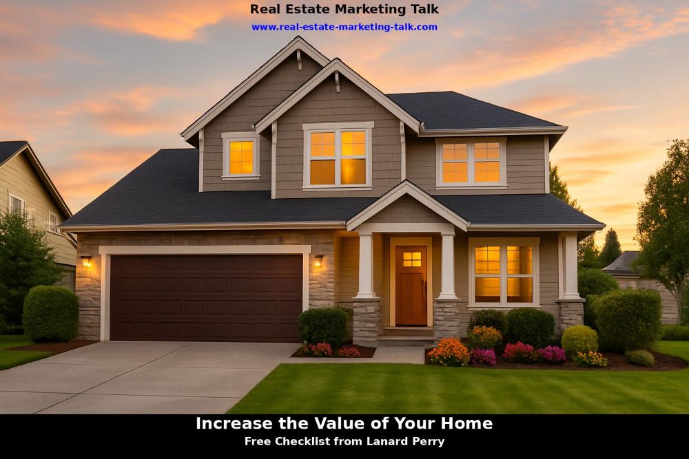 Cover image for the “Increase the Value of Your Home” checklist featuring a beautiful modern home with strong curb appeal, branded with Real Estate Marketing Talk and a free download offer. Increase The Value of Your Home