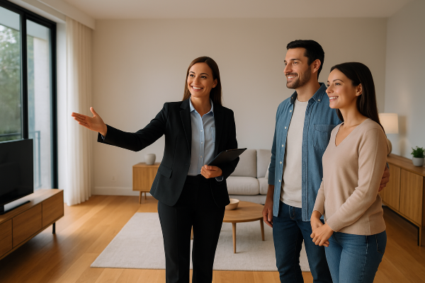 Smiling real estate agent showing a contemporary living room to a home-buying couple