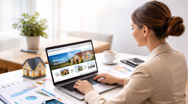 Real estate agent working on a laptop building and managing a professional realtor website with property listings and marketing reports
