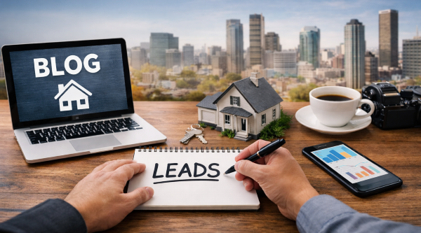 Blogging for Real Estate Leads Strategy and Lead Generation Setup blogging for real estate leads workspace with laptop, model home, analytics and city skyline
