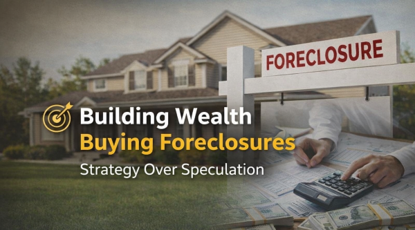 Building wealth buying foreclosures concept with home, foreclosure sign, calculator, and cash representing real estate investment strategy