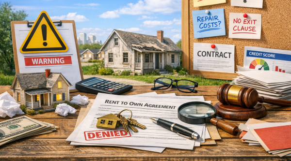 Mid‑day scene showing a rent‑to‑own agreement stamped “DENIED,” surrounded by caution signs, inspection reports, and sticky notes warning of hidden fees and repair costs — symbolizing common mistakes and financial pitfalls in rent‑to‑own home deals.