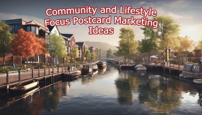 Showcasing local lifestyle on a postcard Community-focused postcard showing local parks, cafés, and events to sell the lifestyle