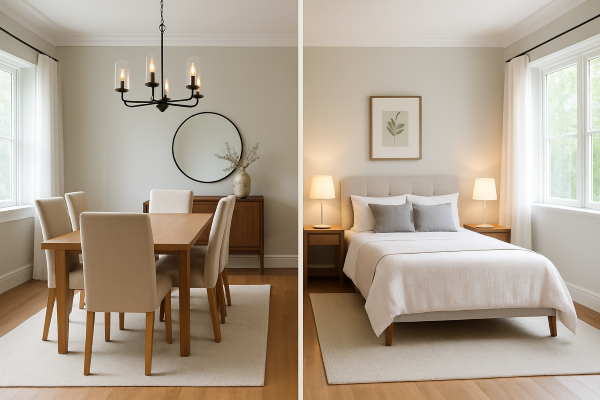 A split-view image showing a dining room on the left and the same space converted into a bedroom on the right, illustrating a before-and-after home remodeling concept.