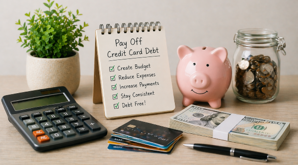 credit card debt payoff setup with calculator, cash, stacked cards, savings jar, and budgeting checklist