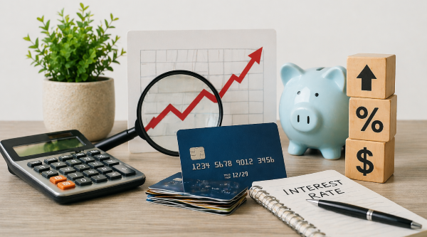 rising credit card interest rates with stacked cards, upward trend graph, calculator, and savings piggy bank