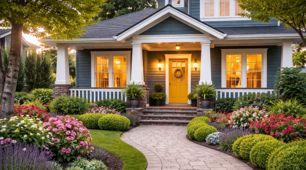 Curb appeal when selling your home with fresh landscaping, clean walkway, and inviting front entry
