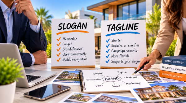 Difference Between Real Estate Slogans and Taglines Real estate agents comparing slogans and taglines while developing a brand strategy for their real estate marketing.