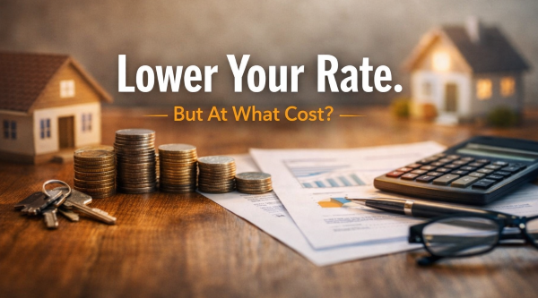 mortgage discount points illustration showing coins, calculator, and home model to represent lowering interest rates and long-term loan costs