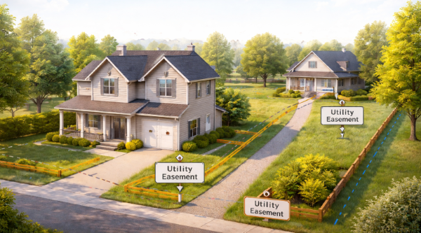 Easements and property boundaries illustrated between residential homes