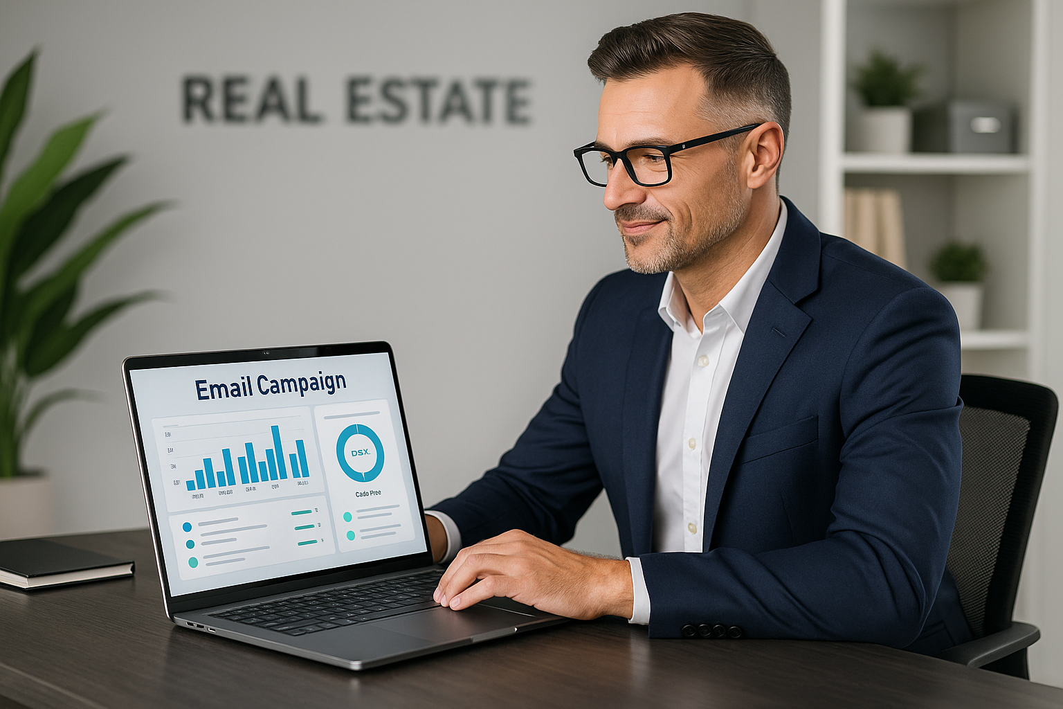 Real estate agent reviewing email campaign performance on a laptop in a modern office setting. email marketing for real estate leads