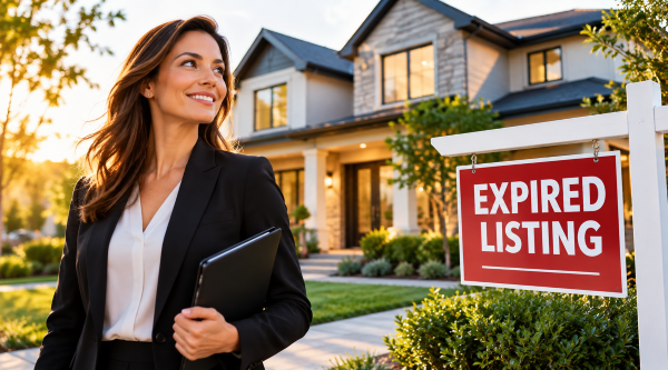 Expired Listing Opportunities – Turn Unsold Homes Into New Real Estate Listings Confident real estate agent standing outside a modern home with an expired listing sign, representing opportunities to attract motivated sellers and secure new listings.