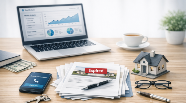real estate agent workspace with expired listing documents, laptop, and house model symbolizing follow-up strategy