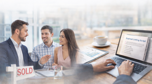 Real estate agent meeting with a couple while reviewing property details and marketing strategy with a laptop and documents on a desk