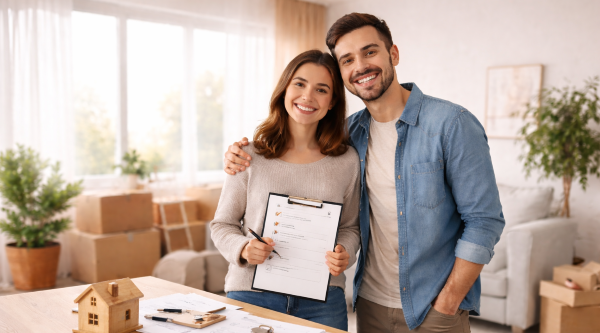 First-Time Home Buying Checklist Guide for Smart Buyers First-time home buyers reviewing a home buying checklist together in their new house