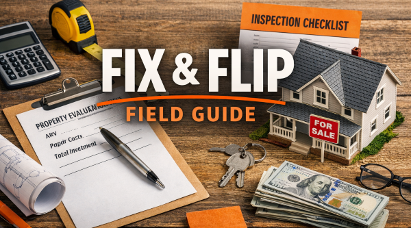 Fix and flip field guide image with property evaluation worksheet, house model, keys, cash, and inspection checklist