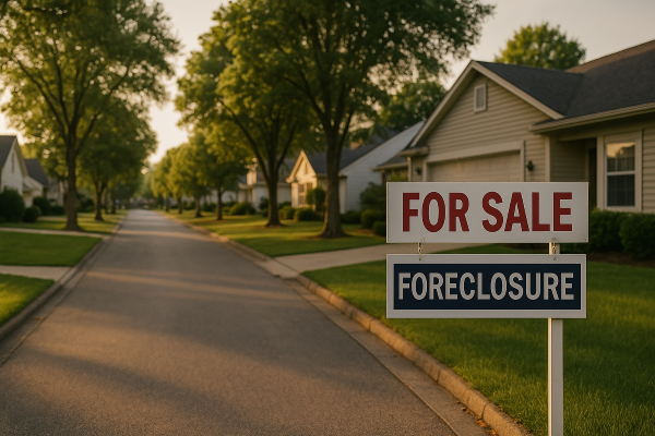 Neighborhood Foreclosure Opportunity — Find Deals and Build Wealth Suburban street lined with trees and homes, featuring a single foreclosure sign in the foreground symbolizing a real estate investment opportunity.