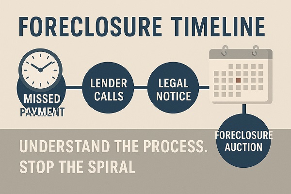 Foreclosure timeline graphic showing missed payment, lender calls, legal notice, and foreclosure auction with caption 'Understand the Process. Stop the Spiral.' foreclosures and what you need to know