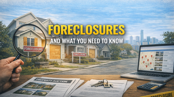 Foreclosure search scene with magnifying glass, boarded-up house, property listings, and caution tape.