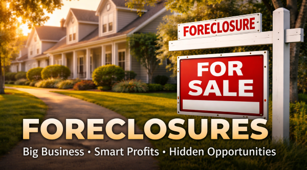 Foreclosure homes with for sale sign representing distressed property investment opportunities
