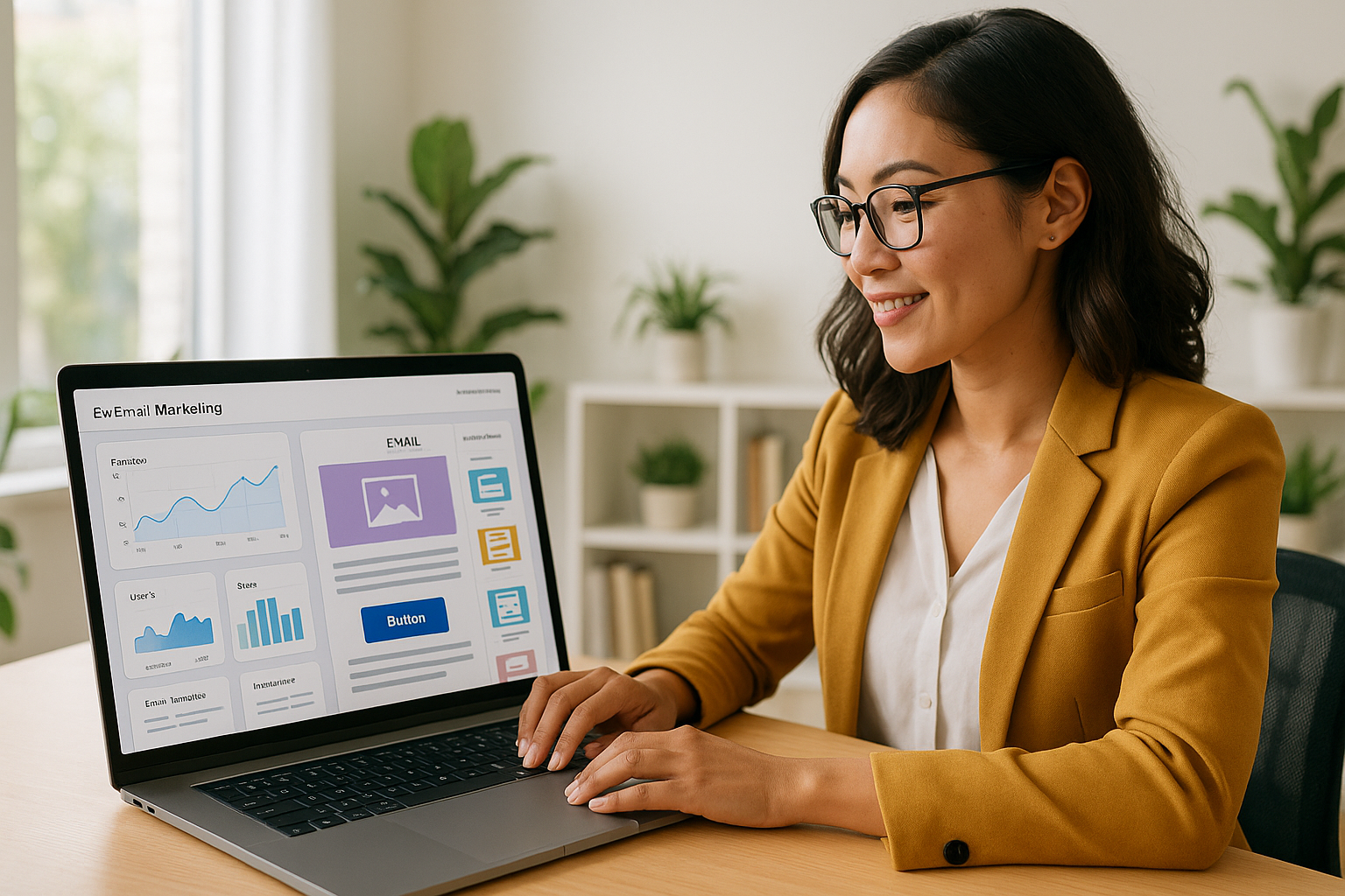 Professional woman in mustard blazer using email marketing software on a laptop in a bright, plant-filled office setting. Email templates and performance charts are visible on screen. free email marketing software