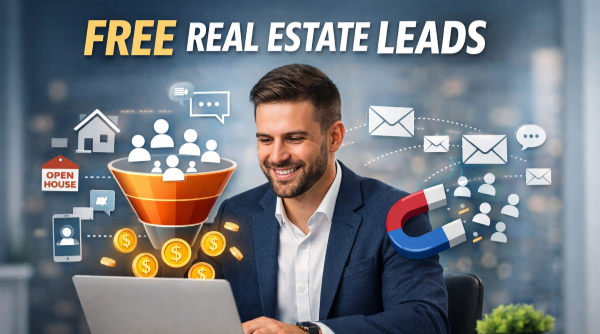 Real estate agent generating free real estate leads on a laptop with digital icons showing email marketing, funnels, and online client attraction