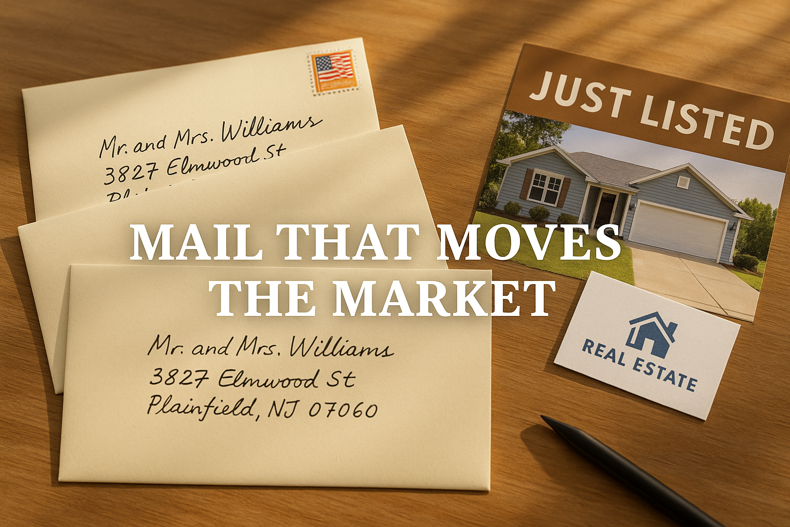 Hero image featuring cream-colored envelopes addressed by hand, a “Just Listed” real estate flyer, and a business card on a wooden desk, accompanied by the text “Mail That Moves the Market.” Free Real Estate Sample Letter 1