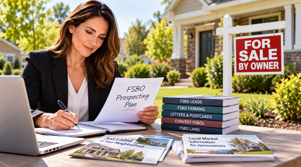 FSBO Prospecting for Real Estate Agents – Strategies to Turn Owners Into Listings Real estate agent reviewing an FSBO prospecting plan with letters, marketing materials, and a For Sale By Owner home in the background.