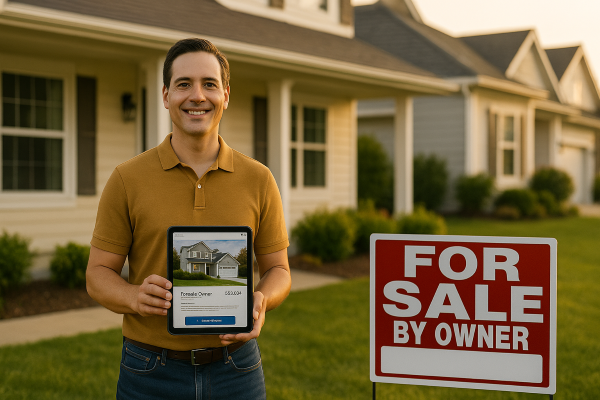 Sell Your Home. Your Way. Discover the Power of FSBO Websites. A confident homeowner stands in front of his house, holding a tablet that displays an online For Sale By Owner (FSBO) property listing. Beside him is a red and white "For Sale By Owner" yard sign, symbolizing independent home selling through FSBO websites.