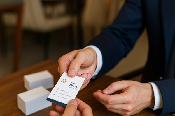Real estate agent handing a business card to a client as part of a marketing strategy