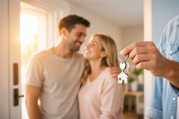 real estate agent handing keys to smiling couple in bright modern home interior representing home buyer leads