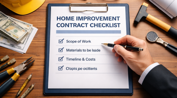 home improvement contract checklist on clipboard with tools and contractor workspace