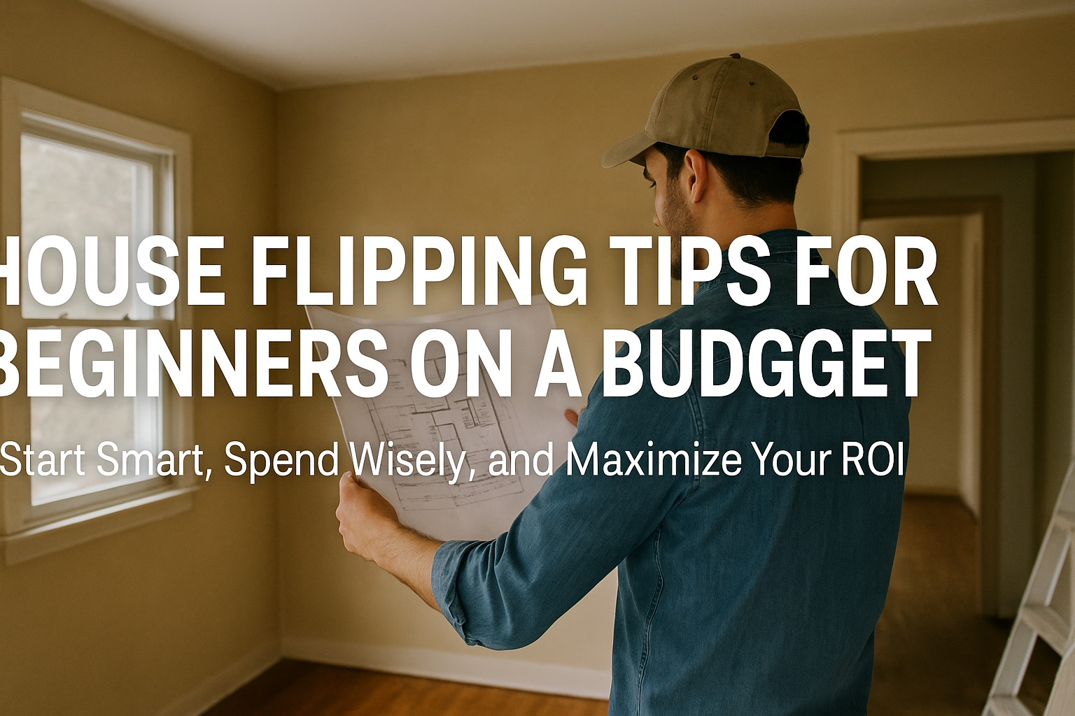 Real estate investor reviewing renovation plans inside a budget-friendly fixer-upper—perfect visual for house flipping tips for beginners on a budget. house flipping tips for beginners on a a budget