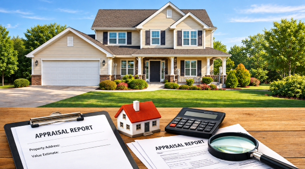 Home appraisal process illustrated with a suburban house, appraisal report, calculator, and magnifying glass on a desk