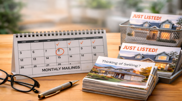 Desk calendar marked for monthly mailings beside stacks of real estate postcards on a marketing workspace