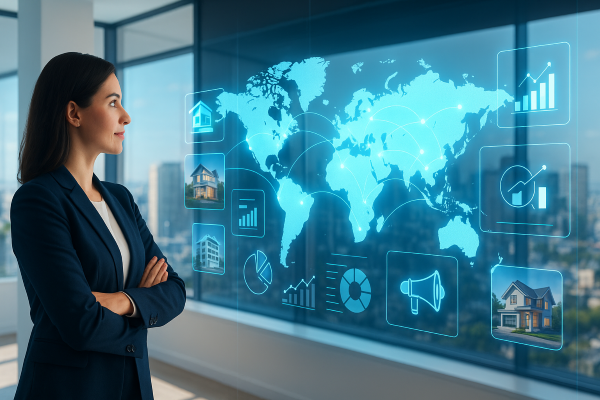 Real estate agent reviewing a glowing digital world map with global buyer connections, property icons, and marketing analytics displayed on a transparent screen in a modern office.