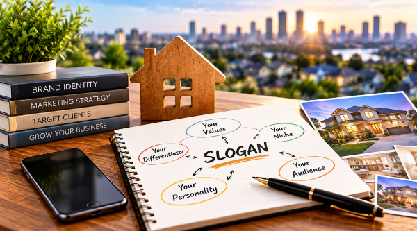 How to Choose a Real Estate Slogan That Fits Your Brand Real estate slogan strategy showing how values, niche, audience, personality, and differentiation shape an effective agent slogan.