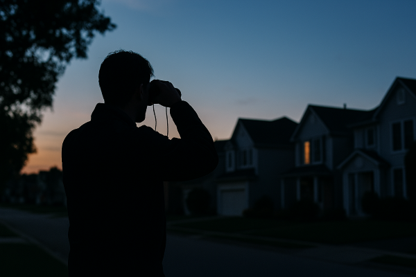 Silhouette of a person using binoculars at dawn on a quiet suburban street, scanning rows of houses with one window softly illuminated—symbolizing hidden foreclosure opportunities. how to find foreclosures 600x400