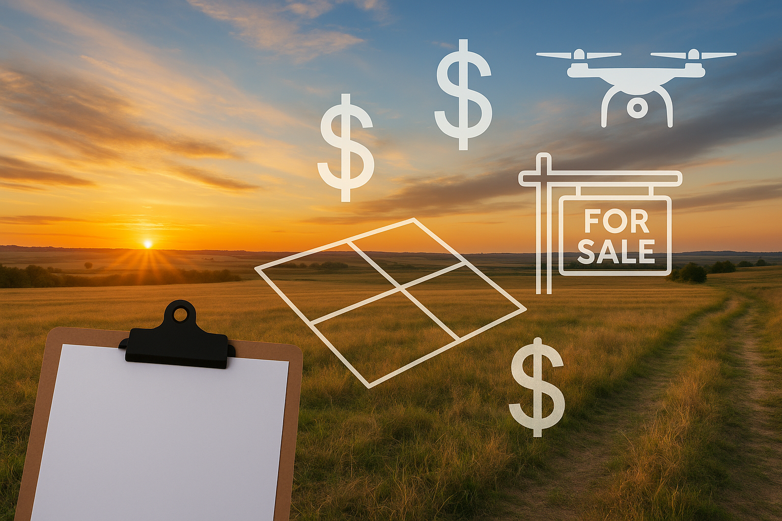Visual concept of how to flip vacant land for profit—sunset over rural property with icons for parcel mapping, real estate sale, drone surveying, and investment returns. How to flip vacant land for profit