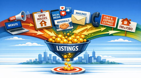 Multiple real estate marketing channels flowing into a central funnel labeled LISTINGS, with golden spheres dropping into a target.