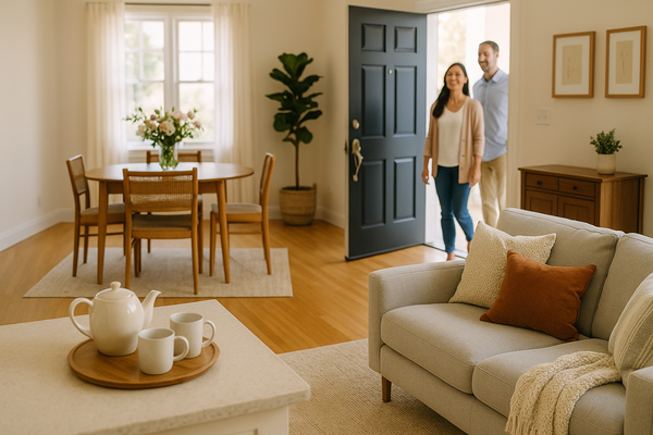 Warm, inviting home interior with a couple entering through the front door, highlighting emotional home staging appeal. how to make buyers fall in love