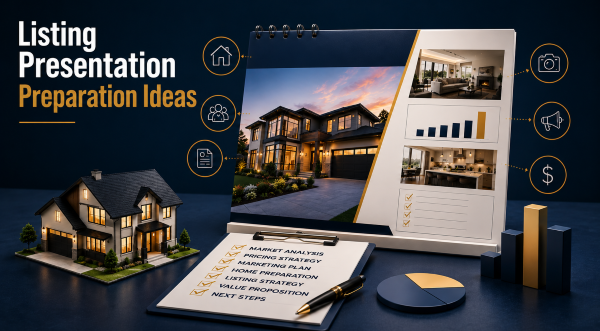 How To Prepare for a Real Estate Listing Presentation – Marketing and Strategy Hero Image How to prepare for a real estate listing presentation hero image featuring a modern luxury home presentation board, pricing strategy charts, marketing visuals, and listing preparation checklist with bold professional design.