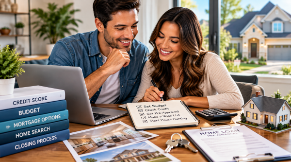 How to Prepare for Buying a Home – Essential Steps for First-Time Buyers, From Budgeting and Mortgage Pre-Approval to Finding Your Dream Home. Couple preparing to buy a home by reviewing a homebuying checklist, setting a budget, checking credit scores, exploring mortgage options, and planning their home search.