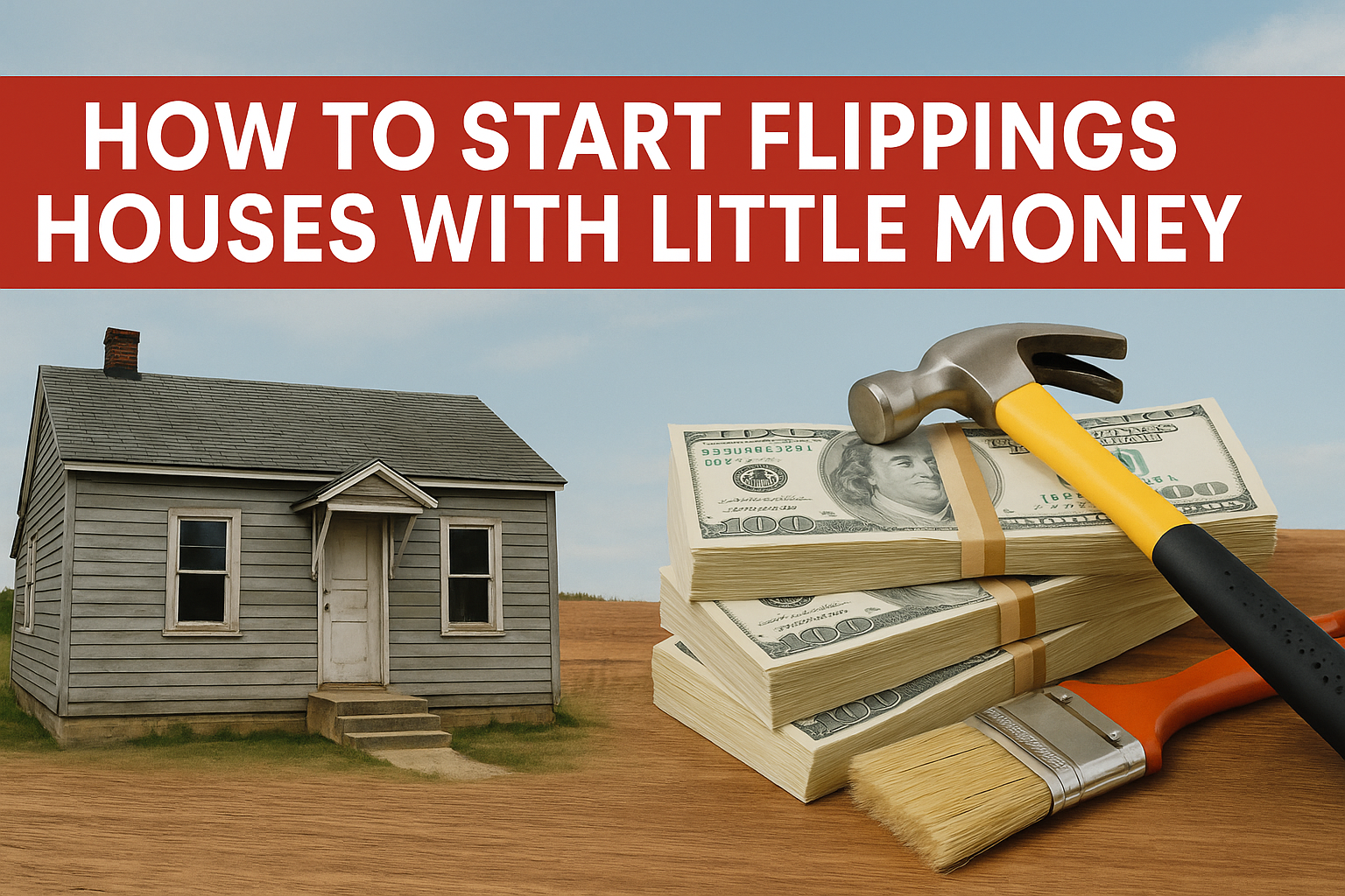 Image showing a small fixer-upper house next to renovation tools and stacks of cash, with the text 'How to Start Flipping Houses with Little Money' on a red banner. how to start flipping homes with little money