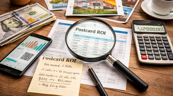 Real estate postcards, calculator, smartphone analytics, and notes laid out on a table while measuring postcard marketing results and return on investment
