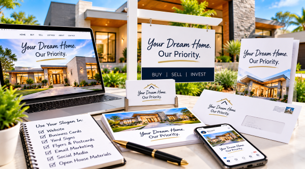 How to Use Real Estate Slogans in Your Marketing Real estate slogan displayed across a website, yard sign, business cards, postcards, email, and social media marketing materials.