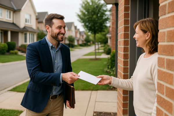 Real estate agent handing a letter to a homeowner at her front door in a suburban neighborhood